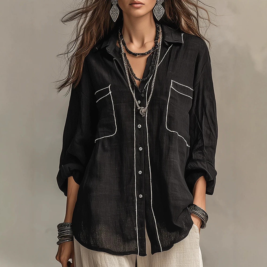 SpringSummer New Arrival Plain-stitched Relaxed-fit Figure-flattering Versatile Lapel Shirt