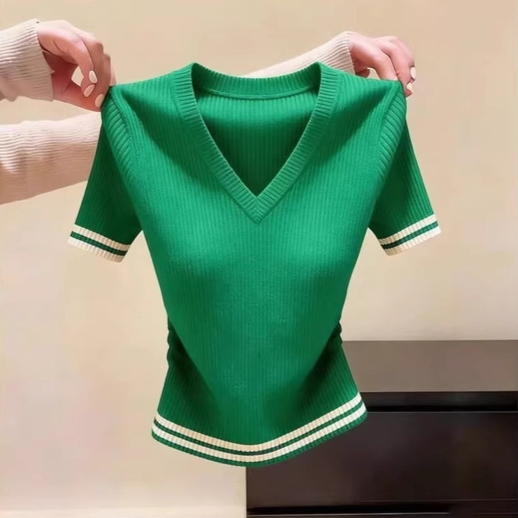 V-neck Short-sleeved Solid-color Knit Sweater