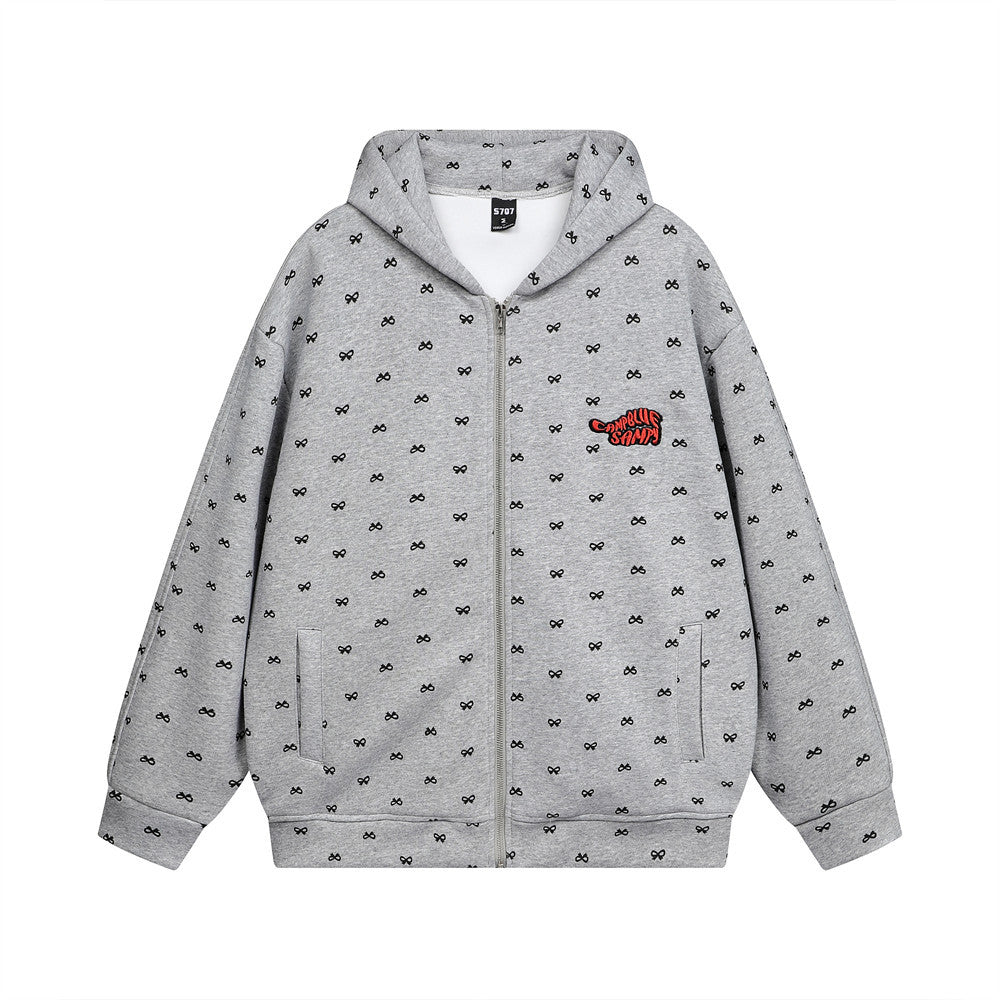 Trendy Bow Print Zip-Up Hoodie Streetwear Sweater