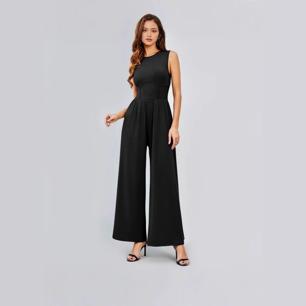 Womens Round-neck Solid-color Sleeveless Slim-fit Long Casual Jumpsuit