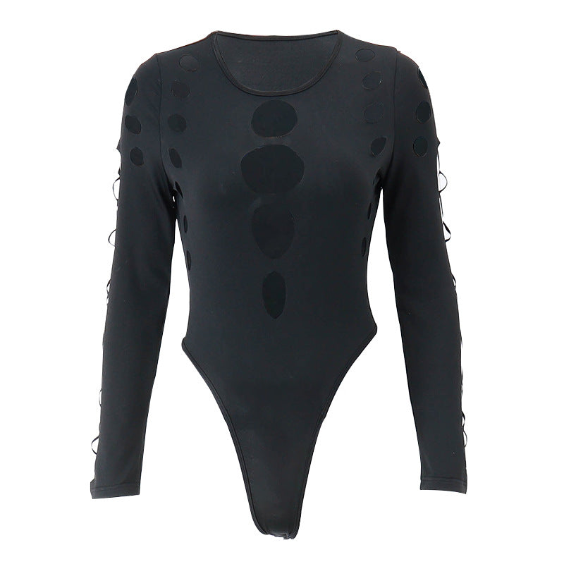 New Sexy Hot Girl Multi-hollow Round Neck Long Sleeve Jumpsuit