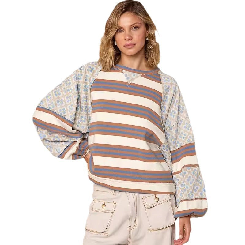 Women's Color Block Print Loose Long Sleeve Pullover Top