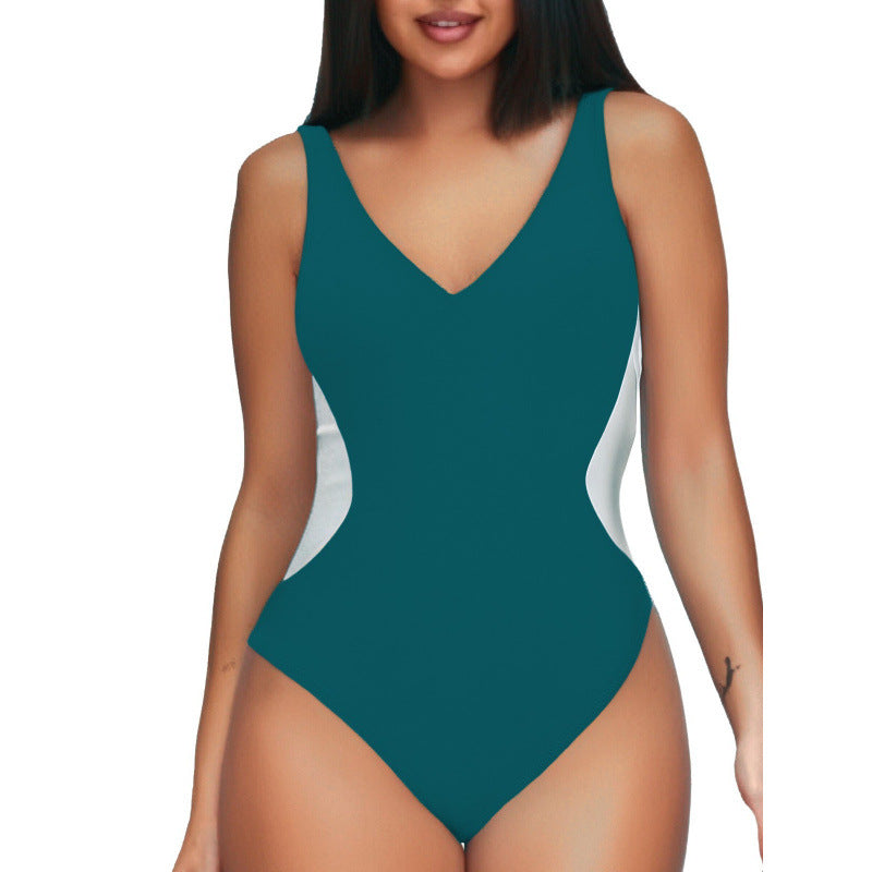 Women's One-piece Deep V Contrast Color Swimsuit