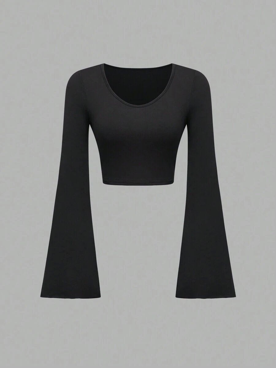 Slim-Fit Scoop Neck Bell Sleeve Crop Top
