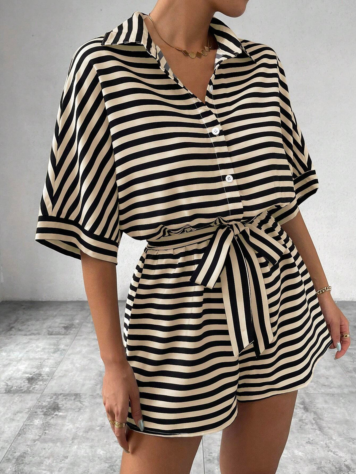 Summer Striped Lapel Belted Jumpsuit