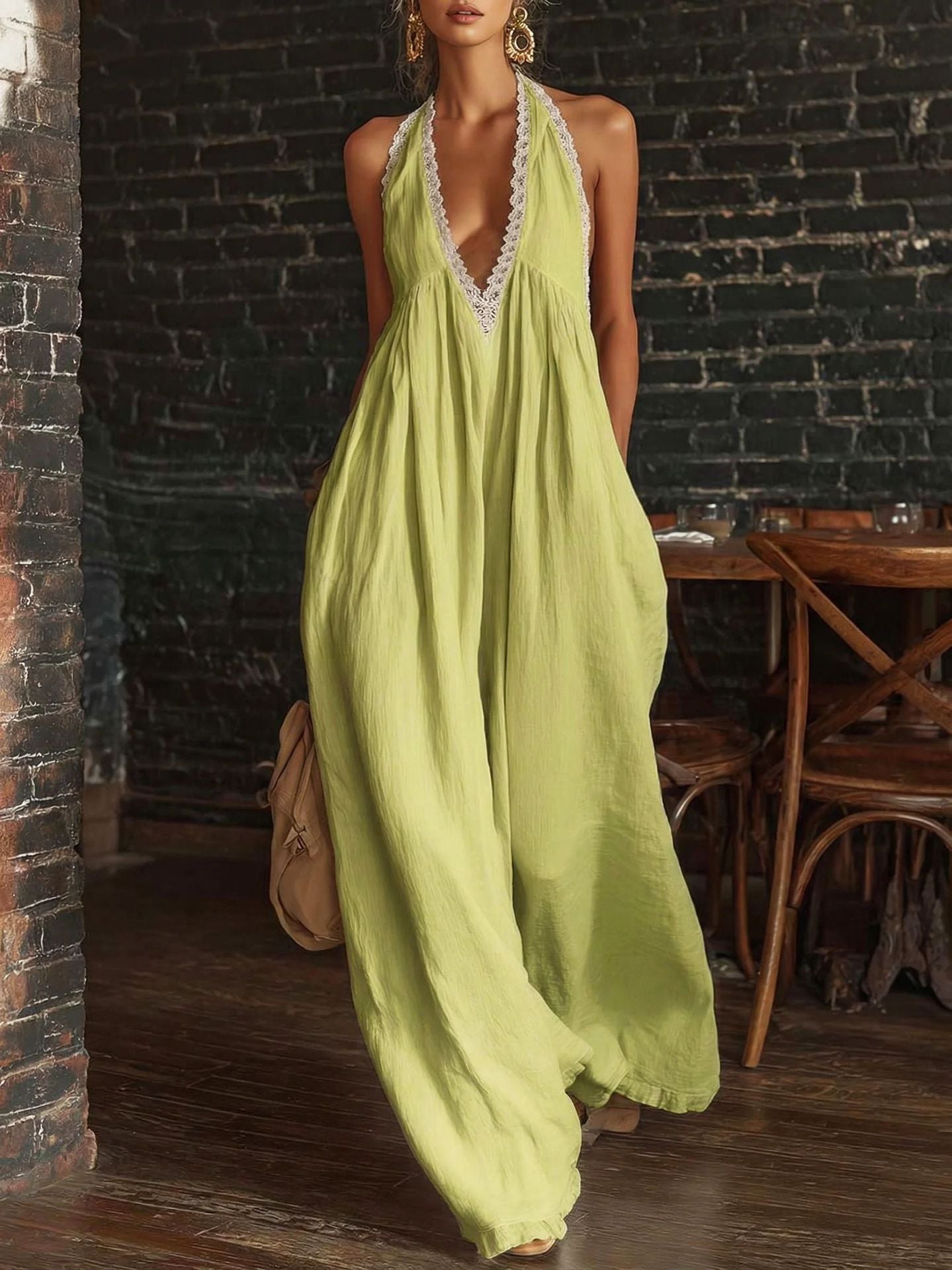 Casual Lace-Trimmed Loose Linen Jumpsuit