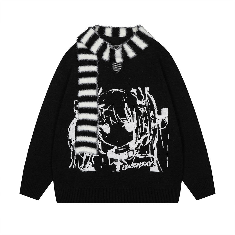 Anime Girl with Scarf Round Neck Sweater Men and Women Autumn and Winter Loose