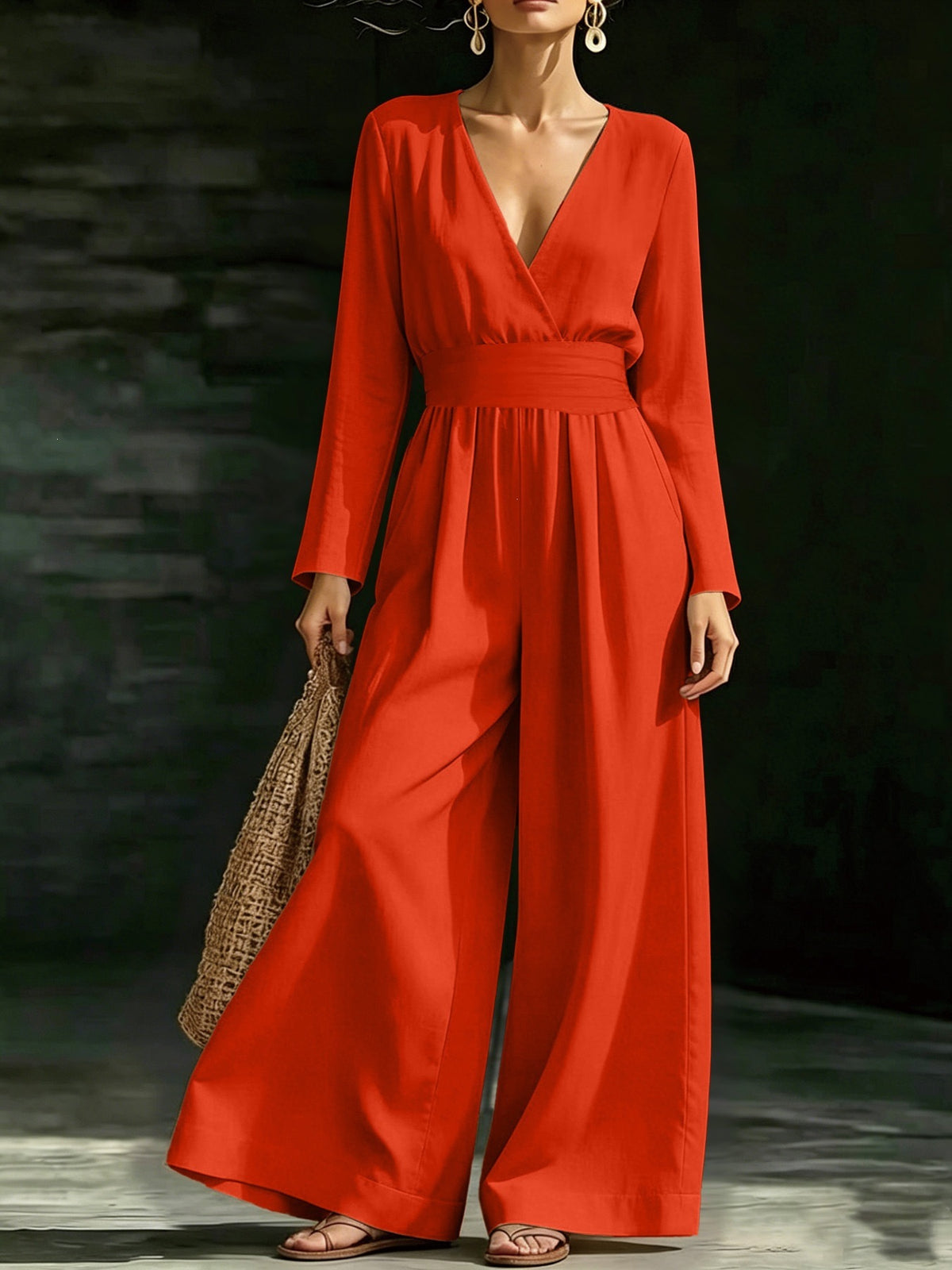 Elegant Long-Sleeve V-Neck Knit Jumpsuit for Women