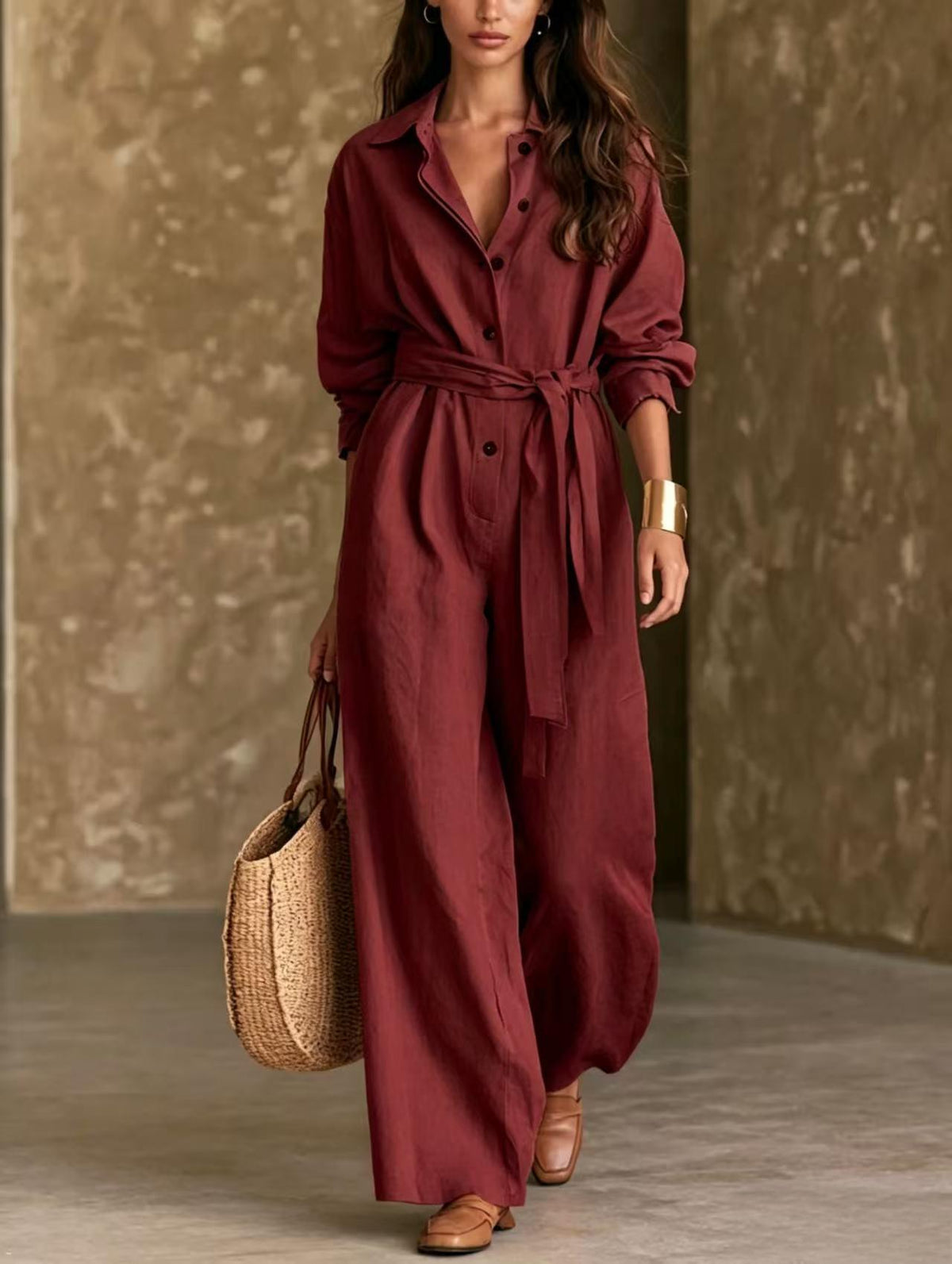 Women's Casual Belted Long-Sleeve Wide-Leg Jumpsuit