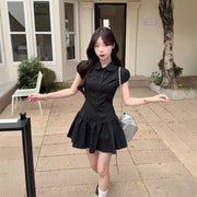 Retro Black Striped Collar Puff-sleeve Dress Figure-hugging