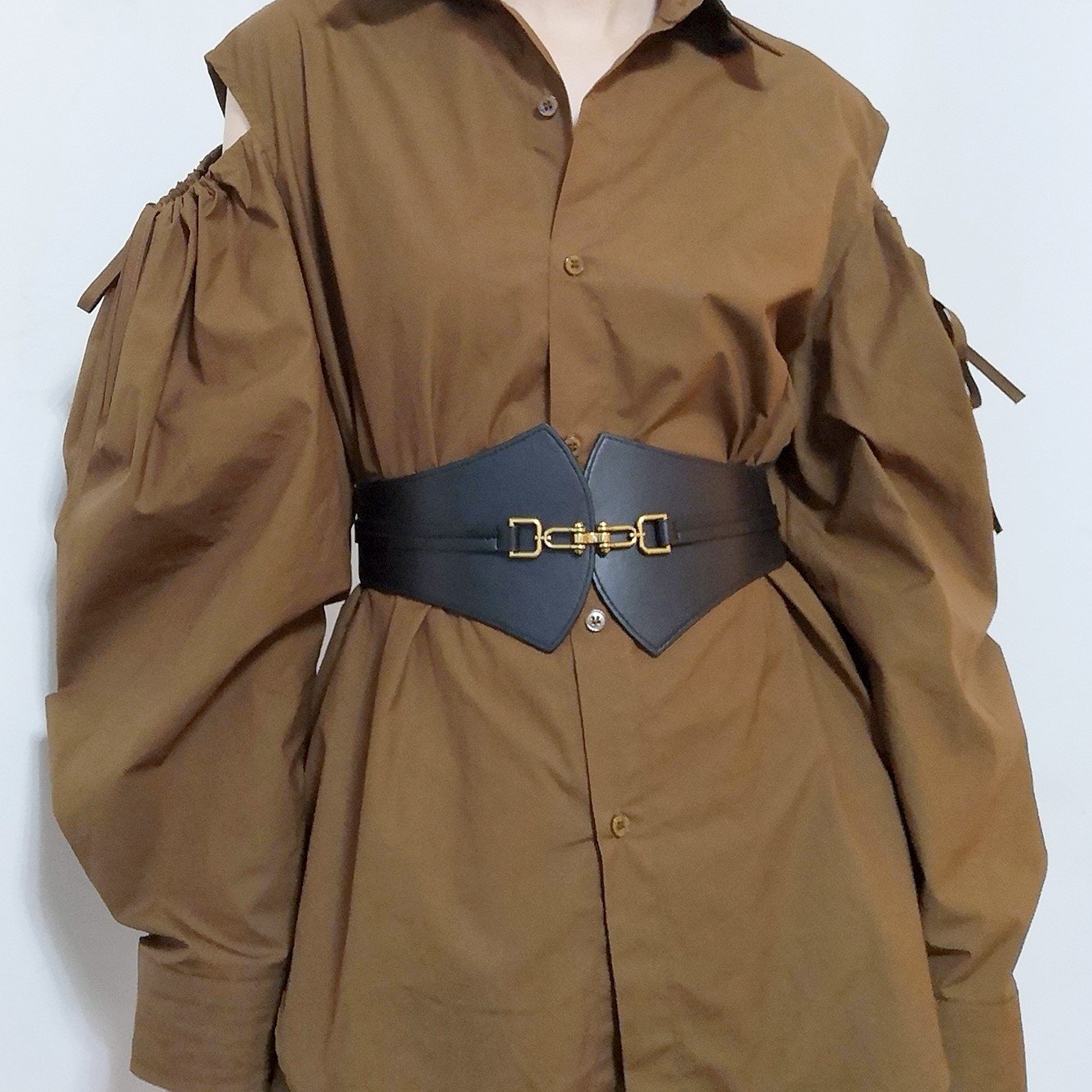 High-Waisted Belly Cover Shirt Dress with Fan-Shaped Buckle