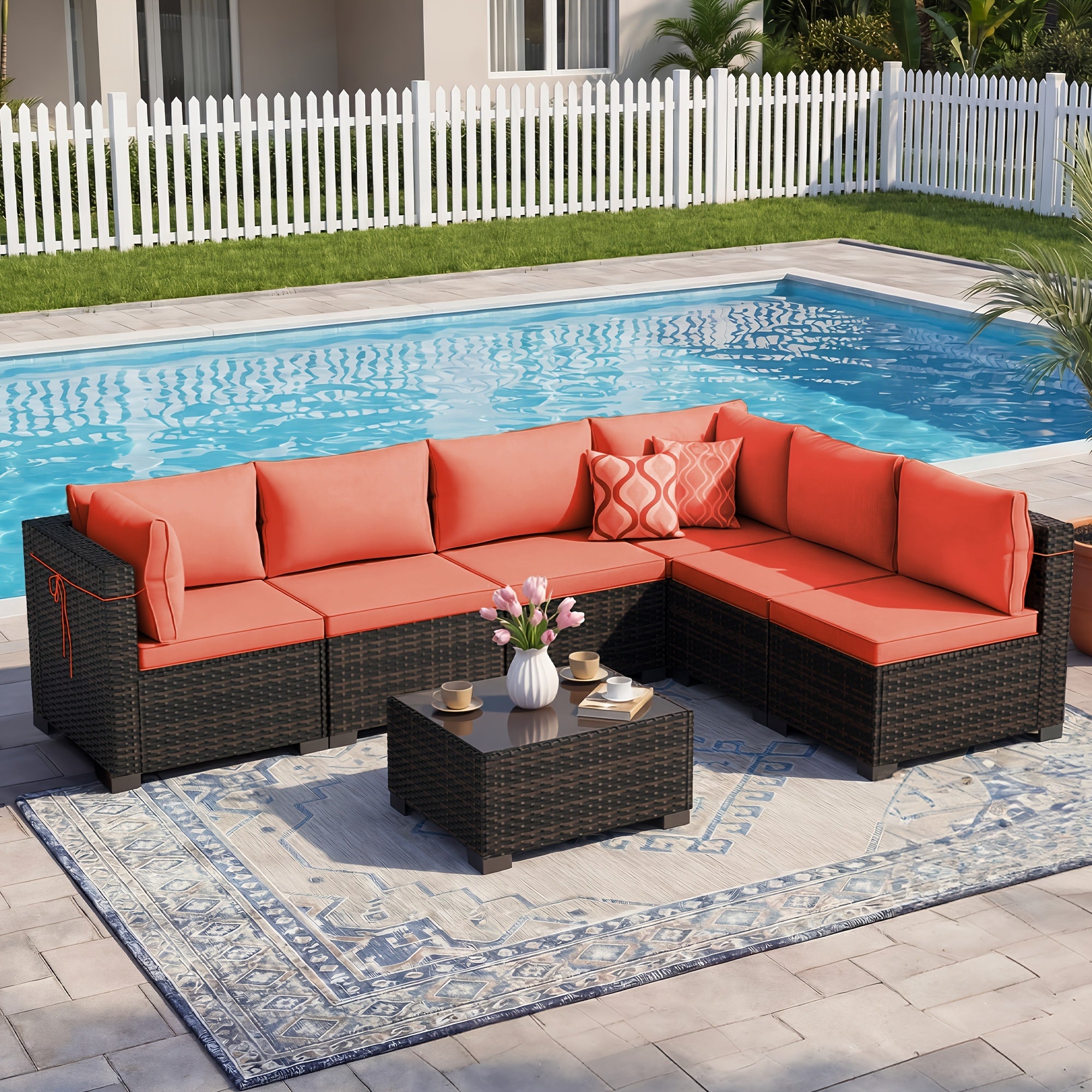 [Outdoor Patio Sets] LEVELEVE 6/7/9pcs All-Weather Outdoor Patio Furniture Sets, Rattan Conversation Sectional Set, Manual Weaving Wicker Patio Sofa with Tea Table