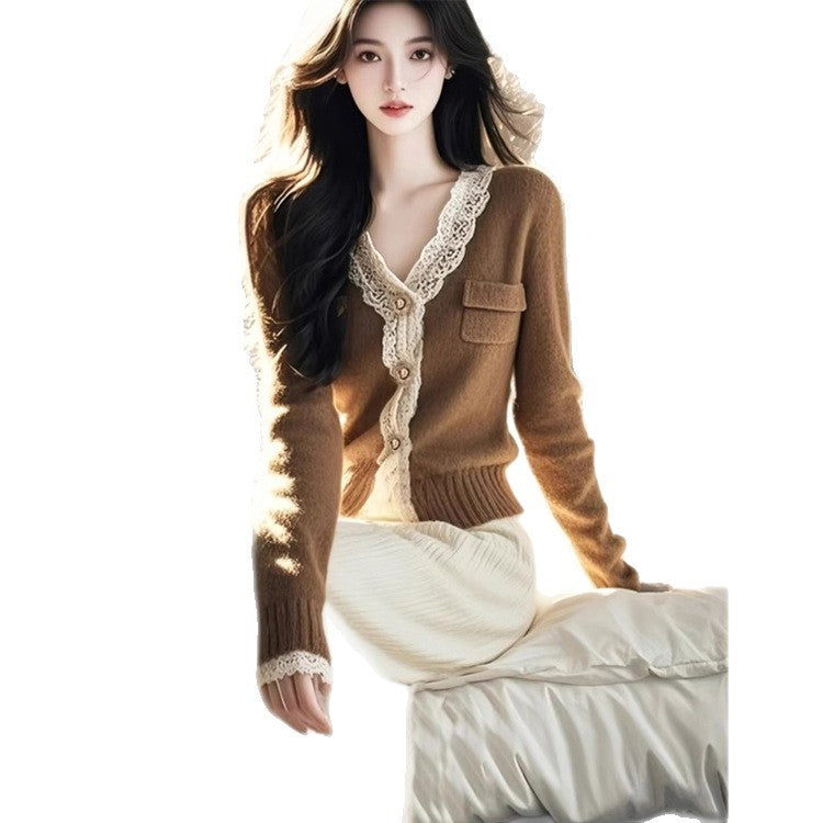 Maillard Brown Lace-trimmed V-neck Knitted Cardigan Sweater
