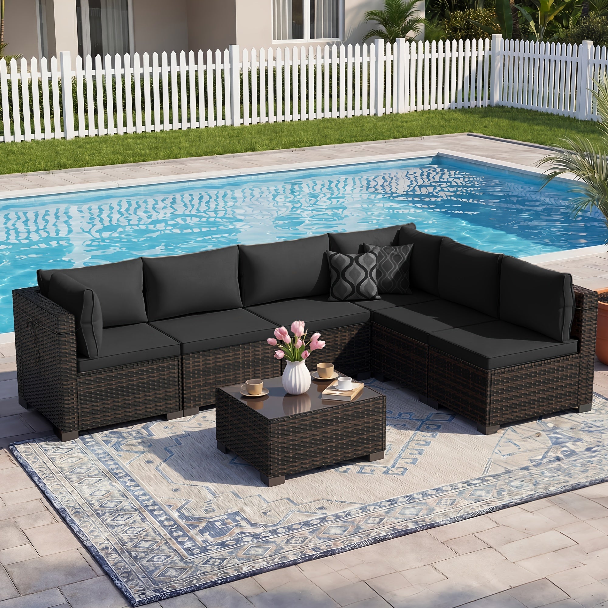 [Outdoor Patio Sets] LEVELEVE 6/7/9pcs All-Weather Outdoor Patio Furniture Sets, Rattan Conversation Sectional Set, Manual Weaving Wicker Patio Sofa with Tea Table