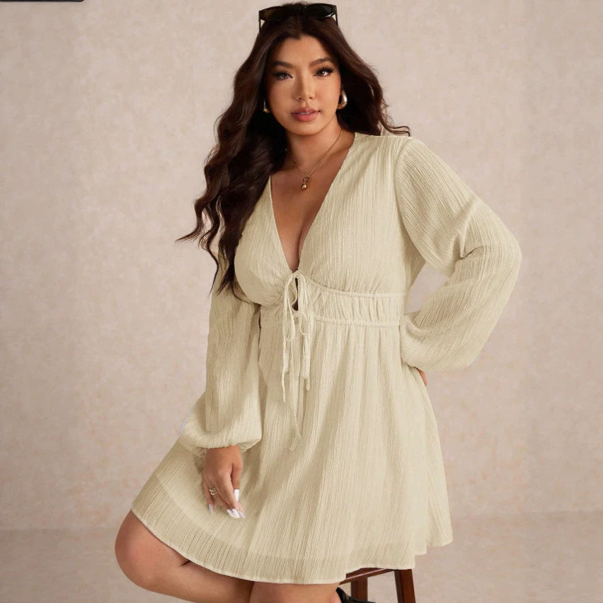 Womens Fashionable Deep-v-neck Lace-up Waist-hugging Dress
