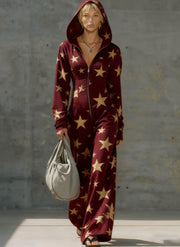 Printed Casual Hooded Zip-Up Slim-Fit Jumpsuit