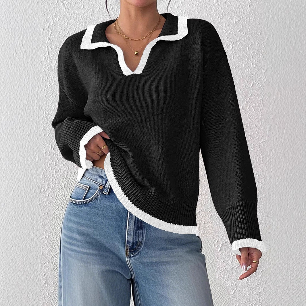Notch-collar Color-block Patchwork Pullover Sweater