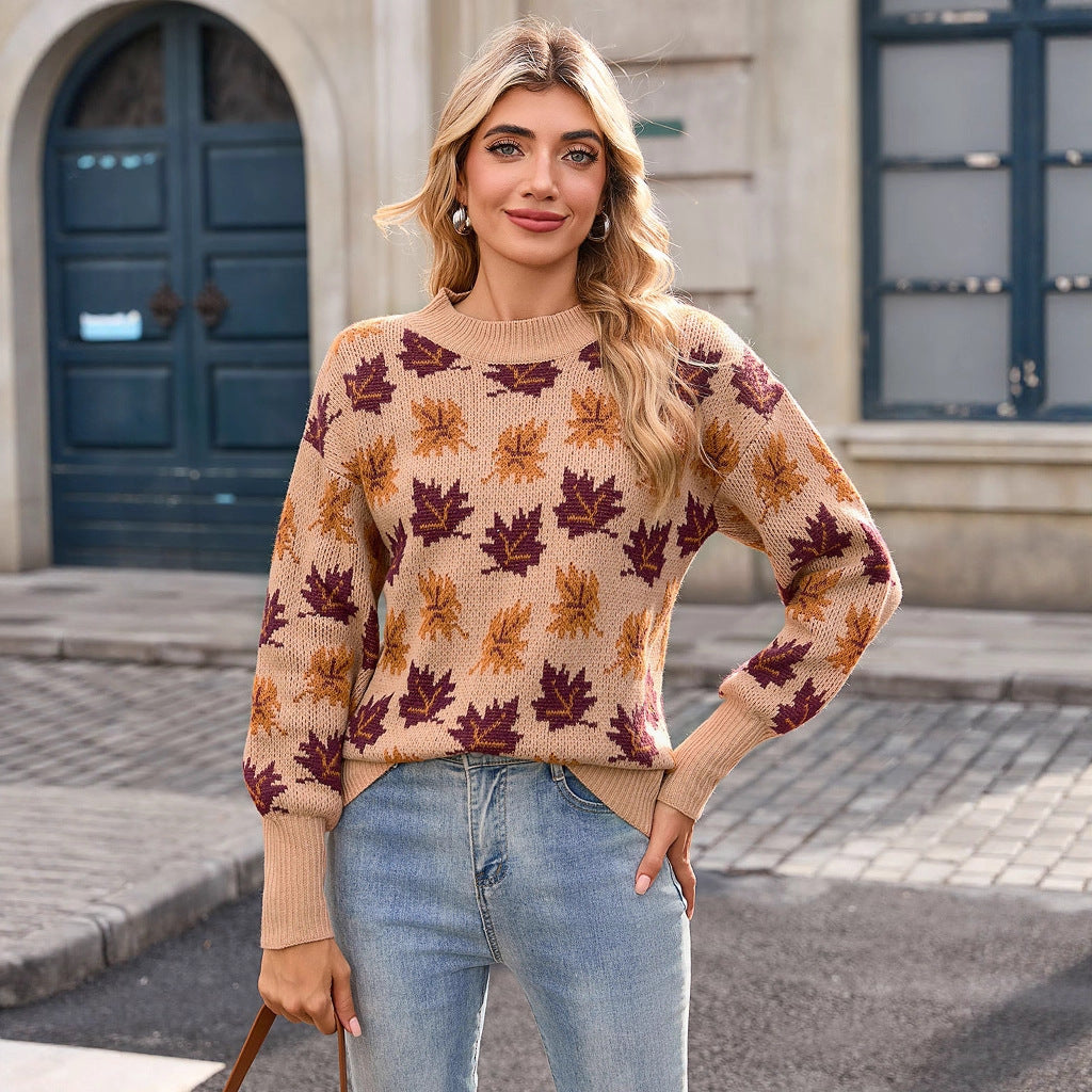Jacquard Round Neck Pullover Sweater