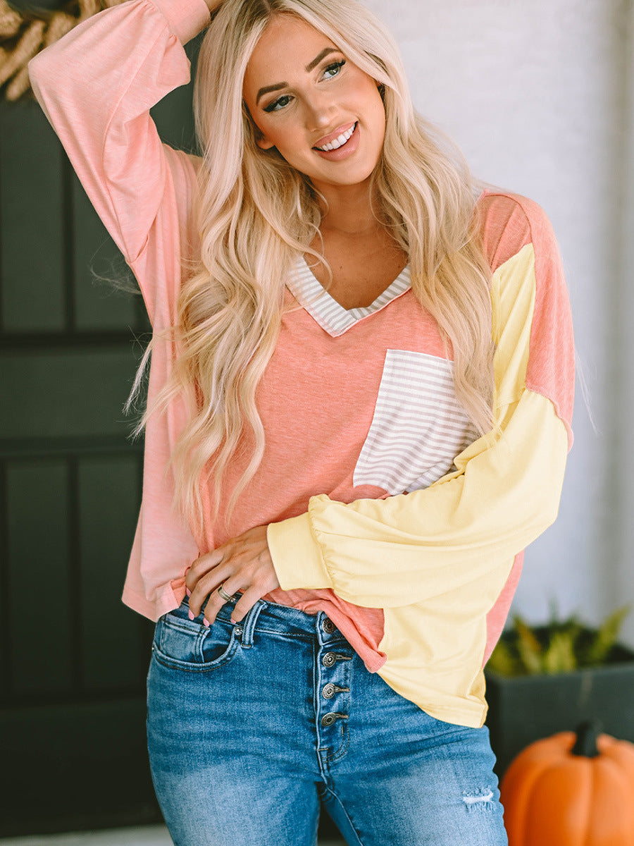 Women's Striped V-Neck Long Sleeve Casual Hoodie