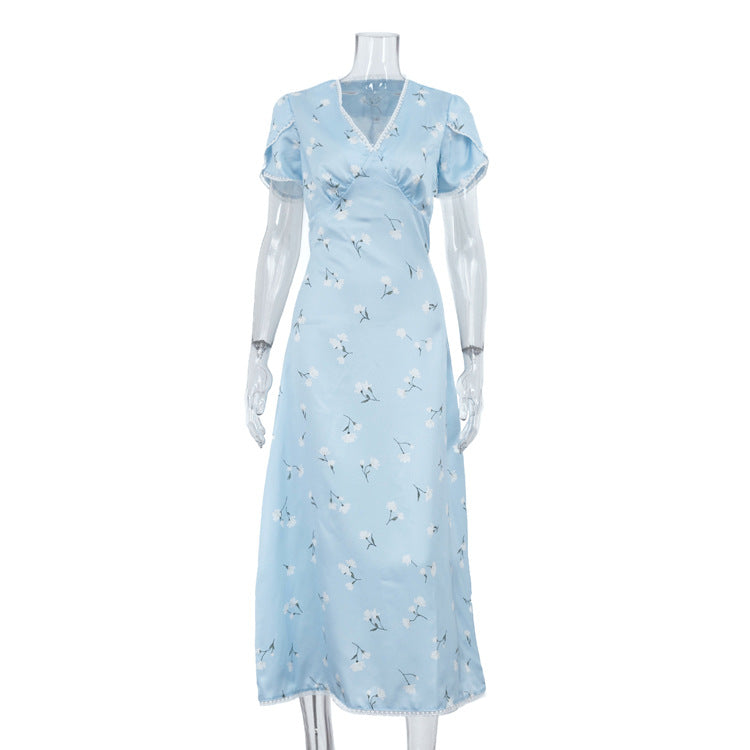 Floral Satin Lace Trim Midi Mermaid Dress