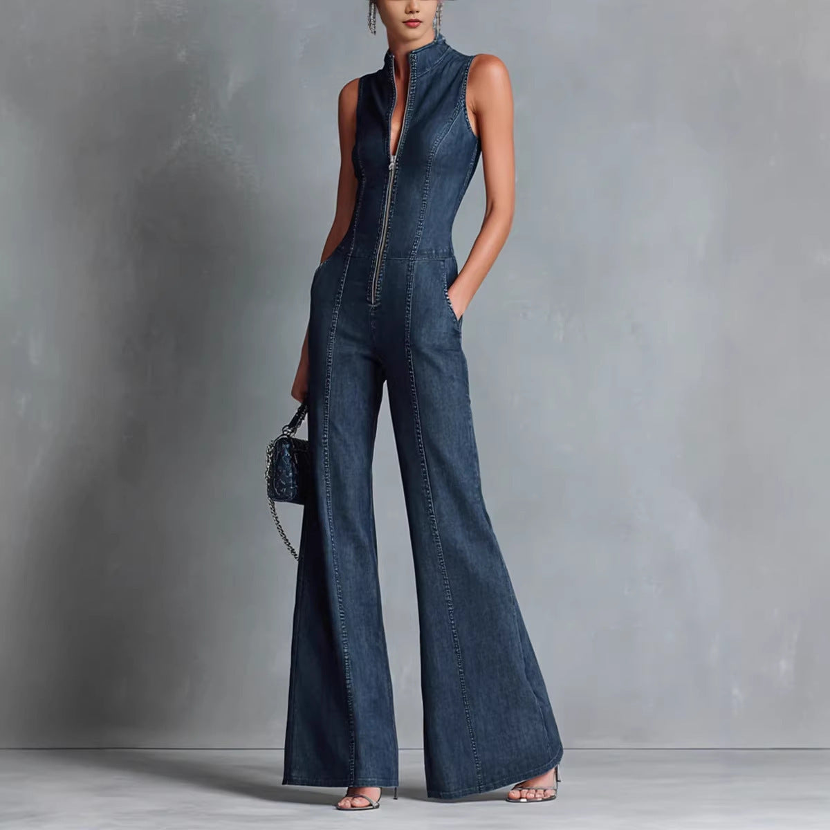 Retro Dark Blue Front-Zip Slim Denim Jumpsuit