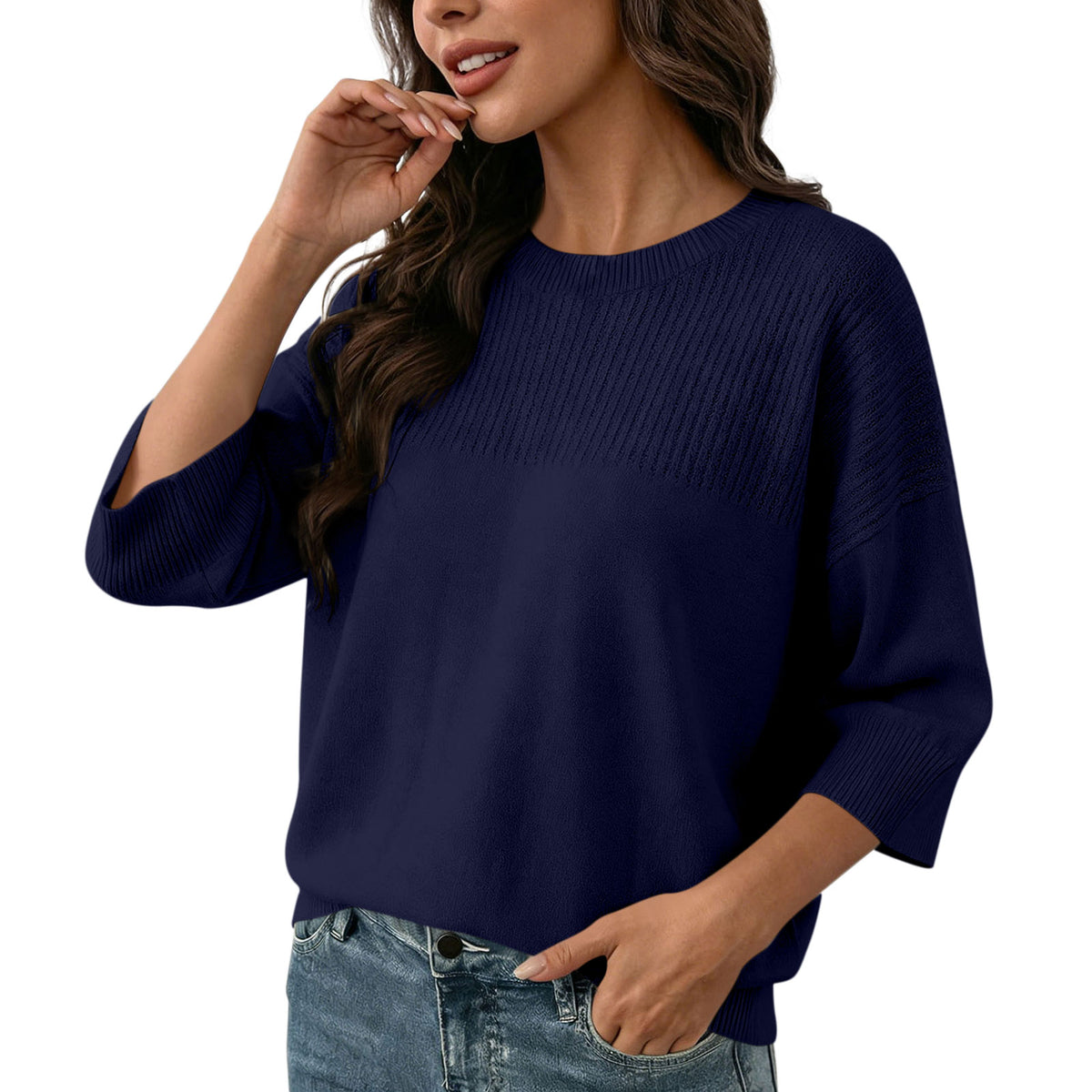 Round Neck Seven Quarter Sleeve Knitted Sweater for Women, Loose Fit and Slim Fit, Slim Fit Pullover Top