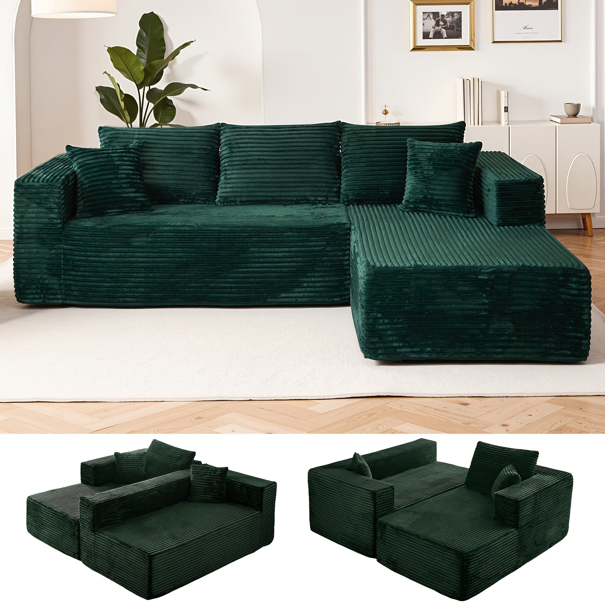 Modular L-shaped chaise longue sofa bed with deep seat and corduroy upholstery