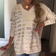 Solid-color Printed Letter Long-sleeve Top For Women