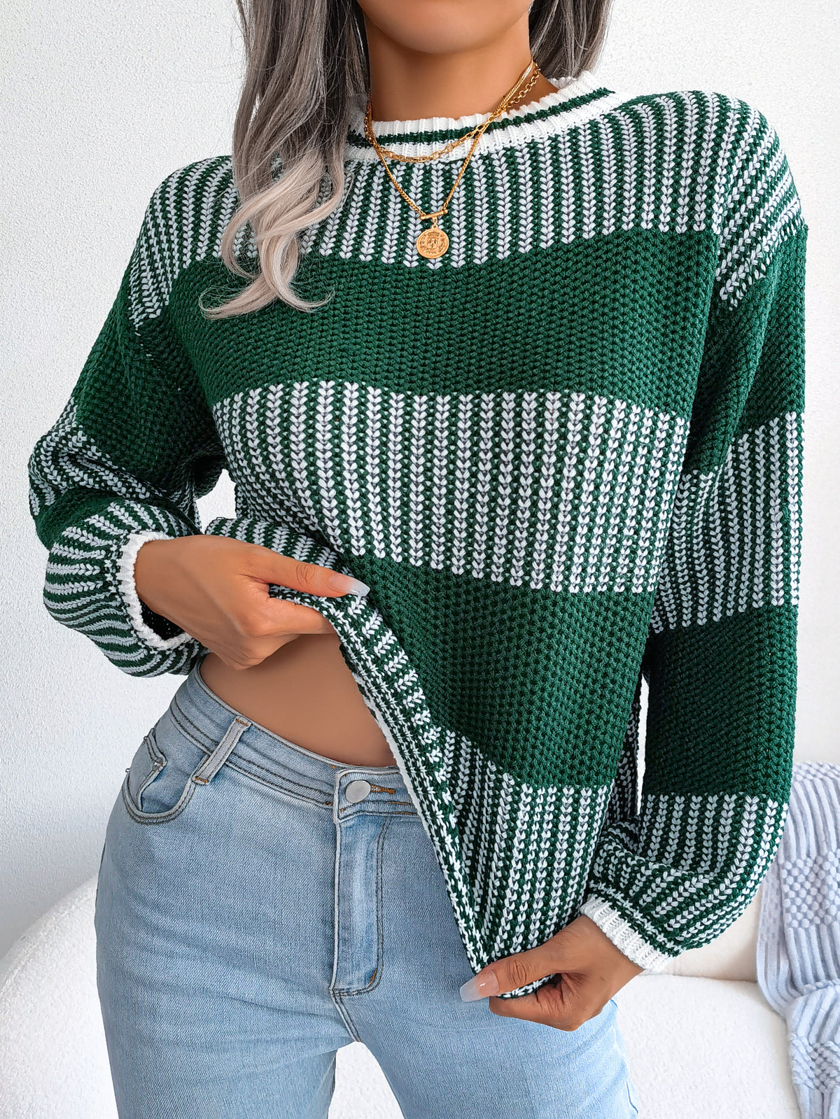Women Casual Color Block Stripe Long Sleeve Knit Sweater