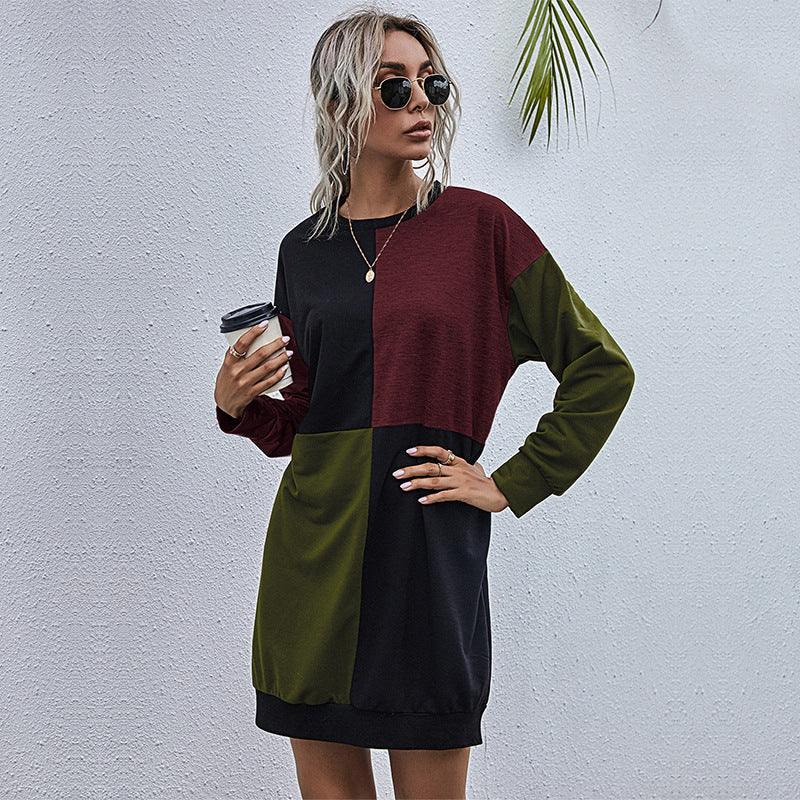Color Block Long Sleeve Round Neck Pullover Dress