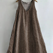 Womens Retro Bohemian Rose-embroidered Linen Loose Sleeveless Maxi Dress