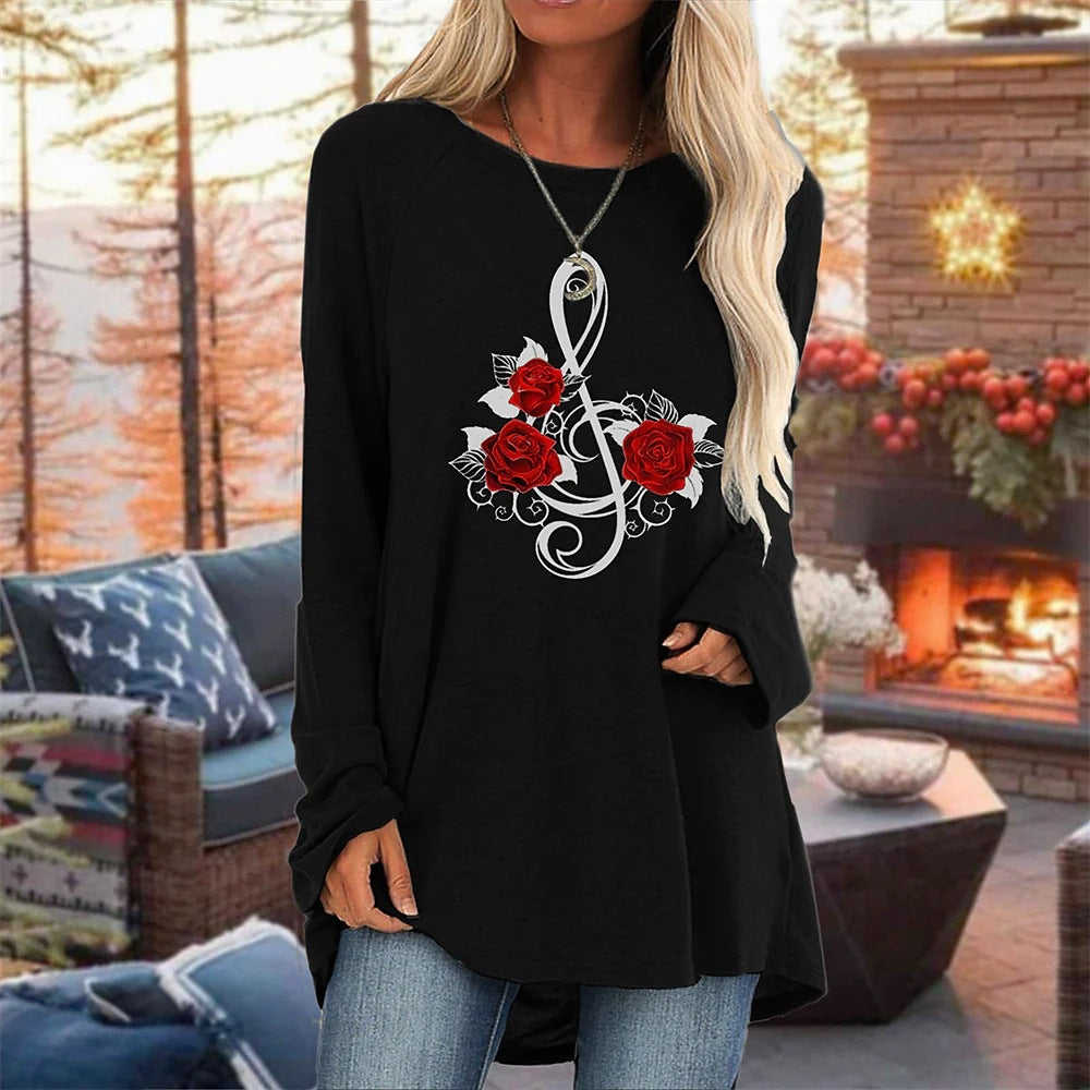 Women's 3D Rose Print Round Neck Casual T-Shirt