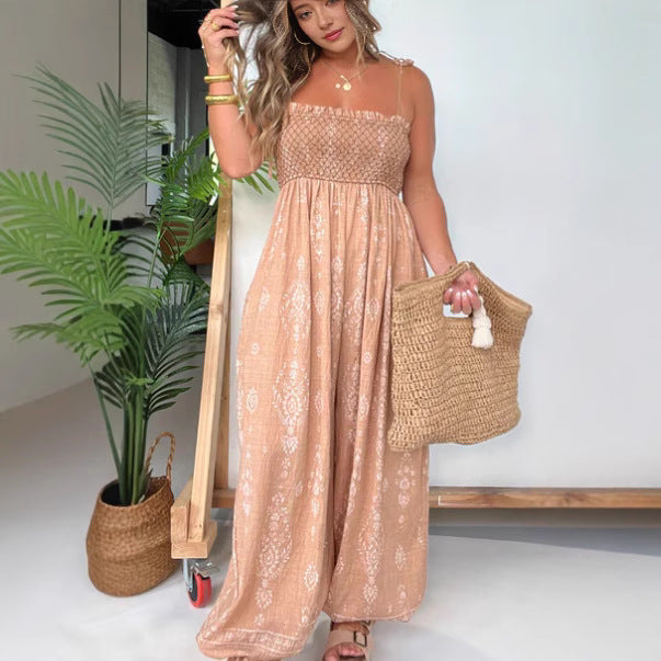 Elegant Caramel Sleeveless Straight-Leg Jumpsuit