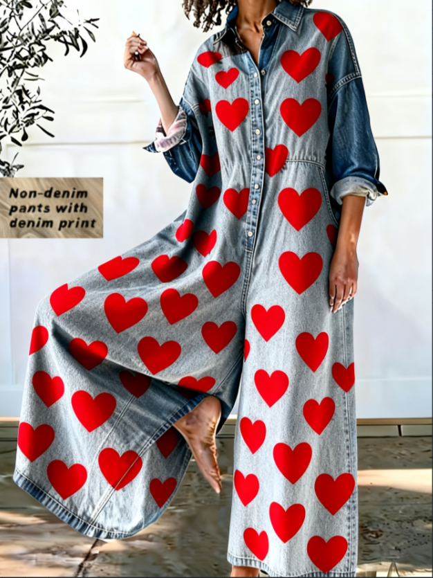 Retro Casual Long-Sleeve Patchwork Wide-Leg Jumpsuit