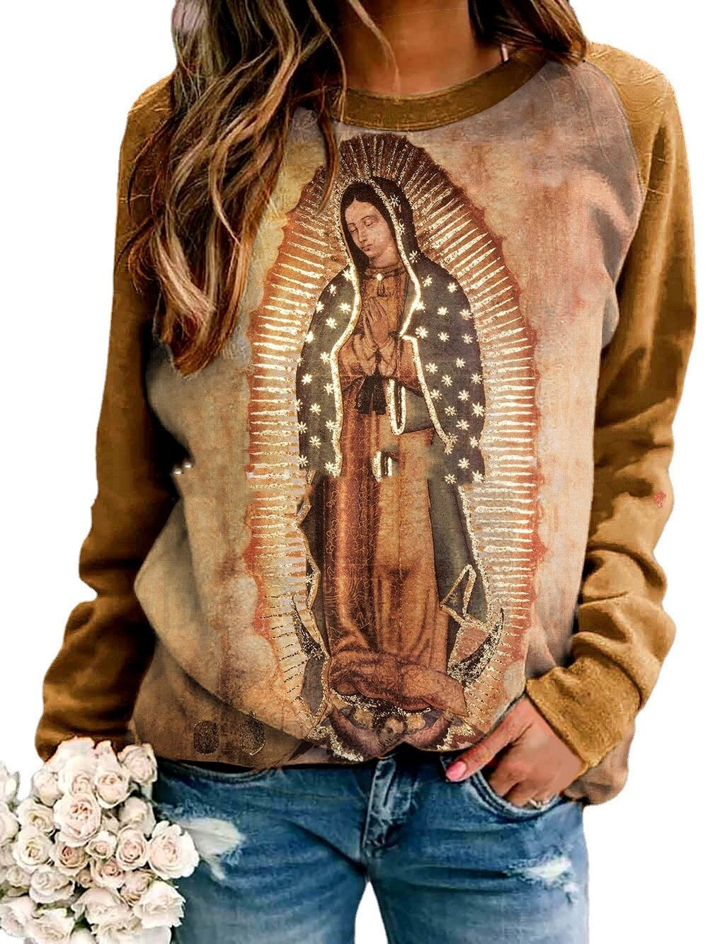 Women's Khaki Virgin Mary Graphic Print Long-Sleeve Sweater