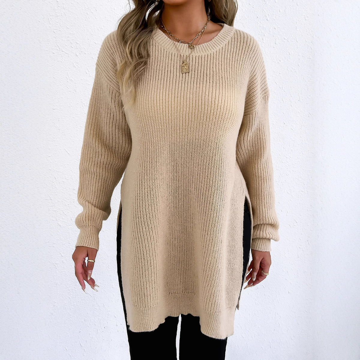Crew-neck Pullover Slit Design Machine-knit Casual Sweater