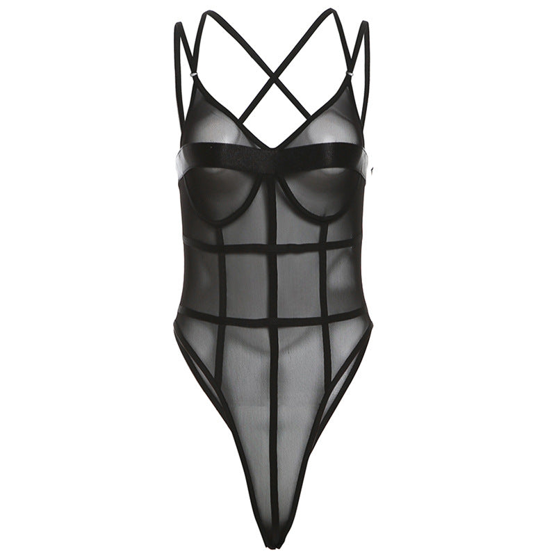 Women's Sexy V-Neck See-Through Strap Romper Jumpsuit