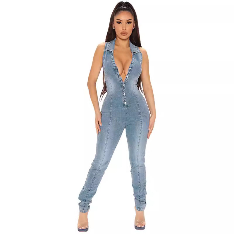 Women's Sleeveless Washed Denim Jumpsuit