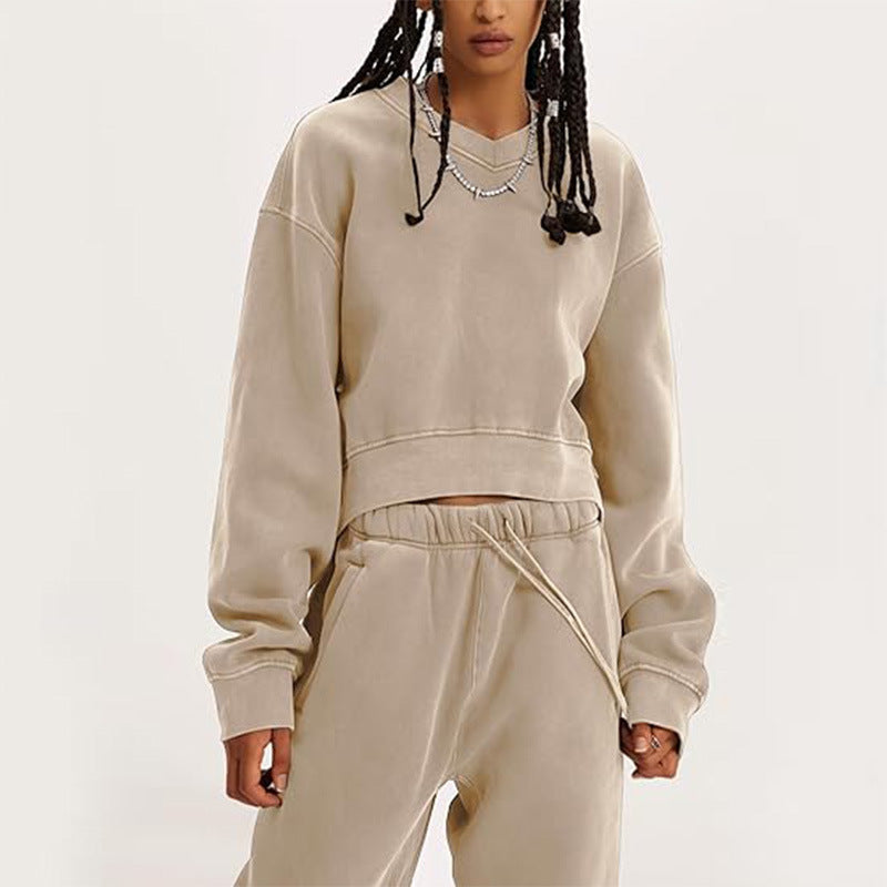 Women's V-Neck Long-Sleeve Crop Sweatshirt & Lace-Up Pants Set