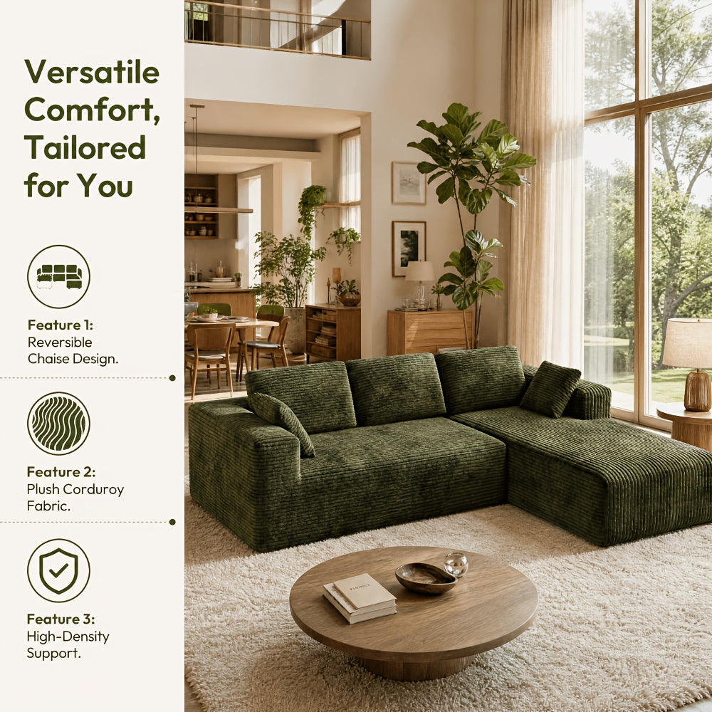 Extra Large L-Shaped Sofa with Right‑Side Chaise – Minimalist Compressed Frame, Plush Corduroy Upholstery