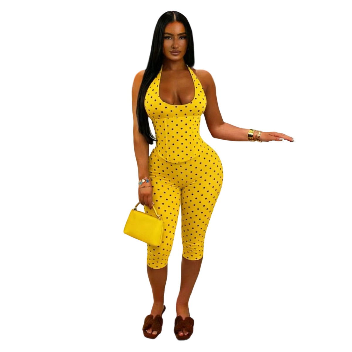 Womens Halterneck Polka-Dot Fishbone Zipper-Waist Cropped Jumpsuit