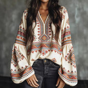 Retro Ethnic Patchwork Lantern Sleeve Long‑Sleeve Shirt – Women’s
