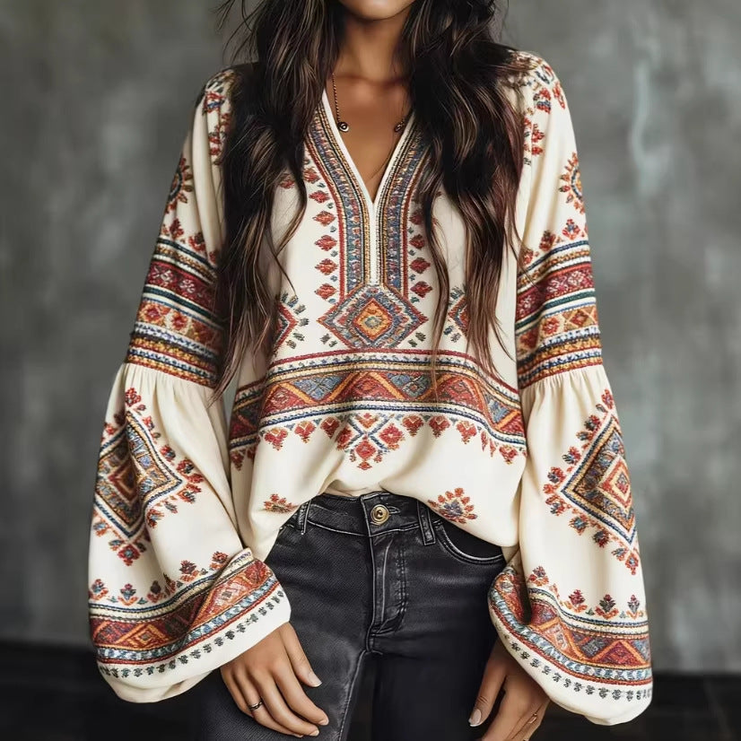 Retro Ethnic Patchwork Lantern Sleeve Long‑Sleeve Shirt – Women’s