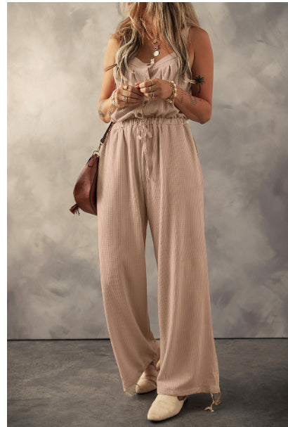 Pale Khaki Knotted Drawstring Textured Jumpsuit