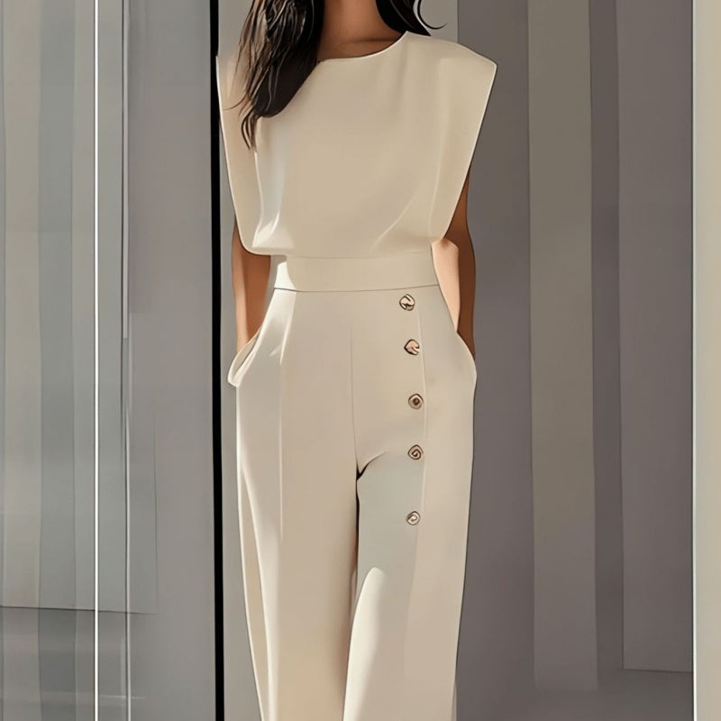 Elegant High-Waisted Button-Detail Straight-Leg Pants