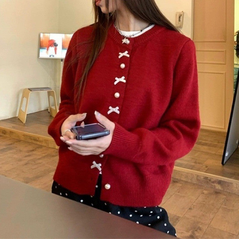 Women's Solid Color Spring and Autumn Bow Pearl Button Sweater