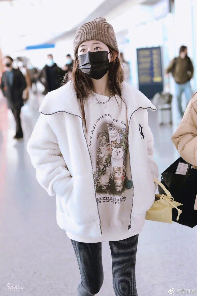 Cute Cartoon Round Neck Loose Mid-Length Cotton Sweater