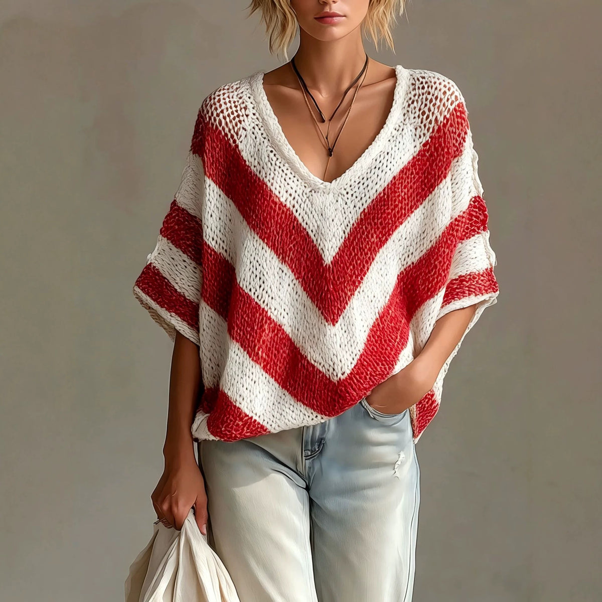 V-neck Short-sleeve Loose-knit Sweater
