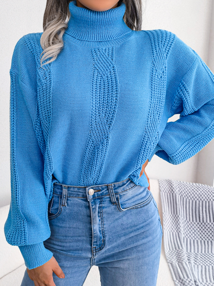 Women Turtleneck Cable Knit Lantern Sleeve Sweater Top
