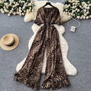 Chic V-Neck High-Waist Wide-Leg Printed Jumpsuit
